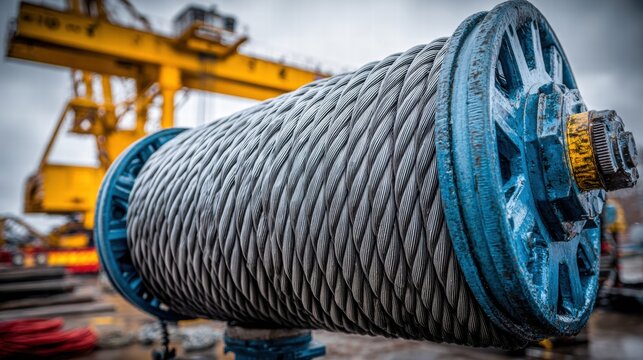 A detailed shot of a steel cable reel, part of a heavy-duty industrial machine in construction.