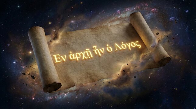 Ancient papyrus scroll with Greek text En arche en o Logos floating in outer space. Biblical quote about creation and Jesus Christ. Cosmic background representing divine origin of universe.