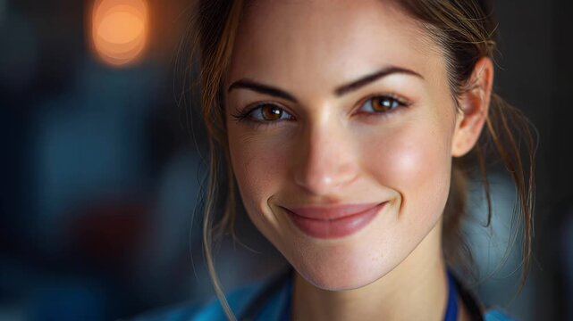 NR nurse opening eyes and smiling in hospital setting. 4K Video