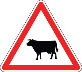 Cattle Crossing Warning Road Sign, European Red Triangle Traffic Symbol for Farm Animal, Cow, and Livestock Safety, Editable Vector