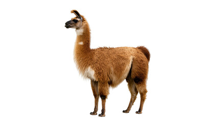 Fototapeta premium Isolated adorable brown llama standing looking left, a gentle and fluffy South American livestock animal
