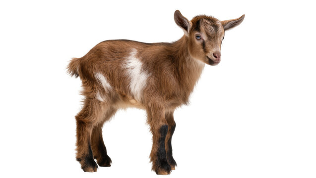 Isolated adorable young domestic farm baby goat with brown and white fur standing looking at camera.
