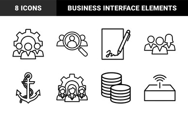 Fototapeta premium Business and office management icon set. Vector glyph pictograms of calendar, checkmark, envelope, gear, profile, bell, and document, black silhouette illustration.