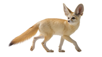 Fototapeta premium Isolated fennec fox, a small desert animal with huge ears, walking attentively.