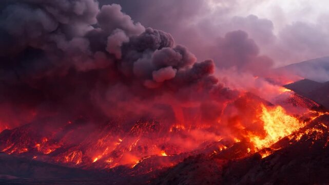 Fiery volcano eruption with volcanic lava flow and dark ash cloud over mountain landscape, wildfire forest fire smoke and burning hill natural disaster scene, dramatic climate change event