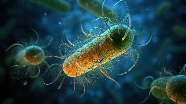 Stunning close up of bacteria microbe pathogen microorganism infection disease medical science research biology concept showing glowing cell and detailed flagella microscope blue laboratory background