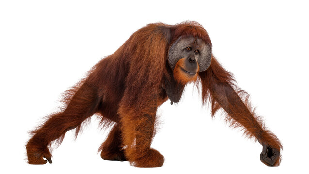 Isolated adult male orangutan with prominent cheek pads walking, full body shot