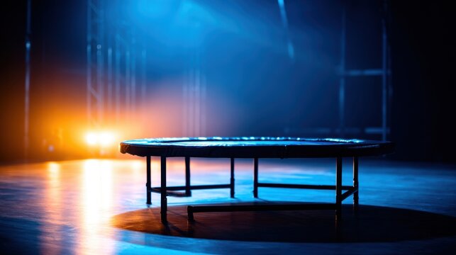 A vibrant trampoline sits alone on a stage, illuminated by striking blue and orange lights