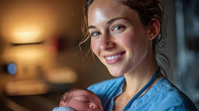 Heartwarming portrait of nr nurse holding a newborn baby. 4K Video
