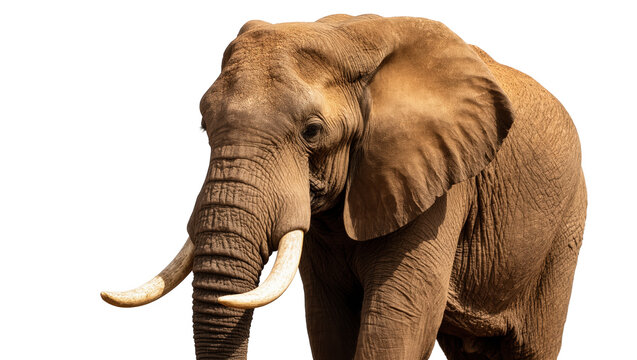 Isolated majestic wild African elephant with long white tusks and wrinkled skin