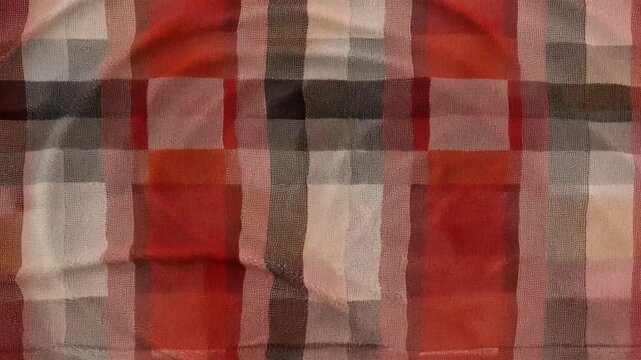 Red Plaid Pattern Fabric Checkered Textile Background Geometric Square Design Colorful Woven Material Crumpled Cloth Texture Modern Plaid Pattern Striped Fabric Red Orange Black Gray White Textile