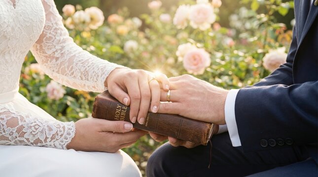 Bride and groom holding hands on holy bible. Wedding ceremony of christian couple in garden. Religious commitment, spiritual bond and faith in marriage. Sacrament of holy matrimony.