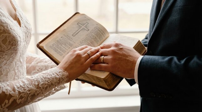 Bride and groom holding bible with cross during wedding ceremony. Christian couple praying with holy book. Catholic marriage rite and religious commitment in church. Holy matrimony.