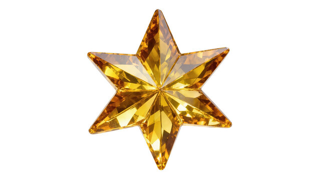Isolated brilliant golden star, a sparkling seven-pointed faceted crystal ornament decoration.