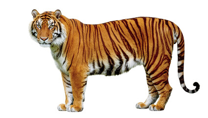 Fototapeta premium Isolated powerful majestic tiger standing, showcasing its impressive form and striped fur patterns.