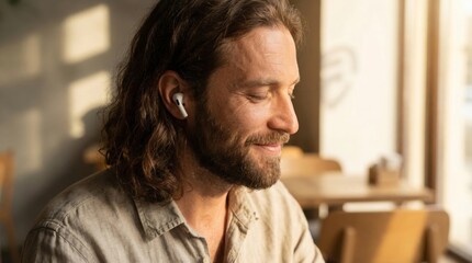 Obraz premium Jesus Christ with long hair and beard listening to music with earbud. Spiritual man in state of peaceful meditation and joy. Faith and religious devotion concept in modern lifestyle.