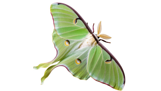 Isolated vibrant green Luna moth, beautiful nocturnal insect with distinctive wing tails and eye spots