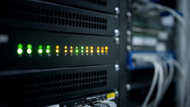 Medium focused view on the glowing status lights of an RF router in a hybrid IP and RF routing rack with the adjacent IP switch area softly out of focus.