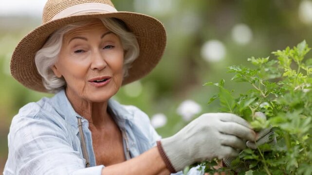 Senior woman gardener wearing straw hat and glove tending green plant and foliage garden, enjoying cheerful outdoor lifestyle and nature hobby with active elderly female gardening lush green outdoor