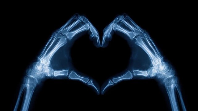 Anatomical Heartfelt Gesture: An X-ray image showcases a pair of hands forming a heart shape, an intriguing blend of medical science and symbolic affection.