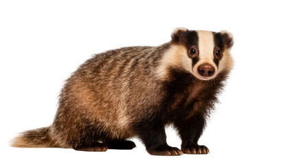 Isolated adorable European badger mammal with distinctive striped face looking forward © Maria