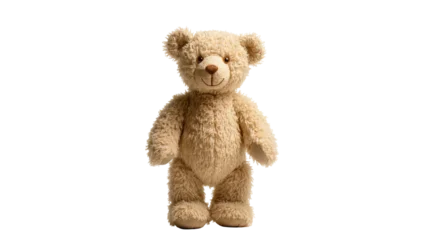 Fotobehang Beer Isolated adorable fluffy light brown plush toy teddy bear standing upright with a happy smile.  © Maria