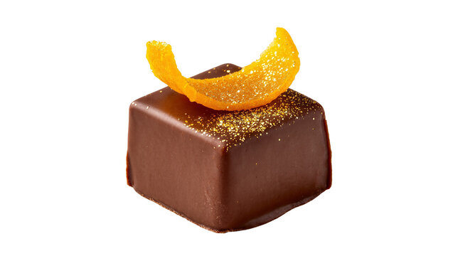 Isolated elegant dark chocolate praline with candied orange peel and sparkling gold dust