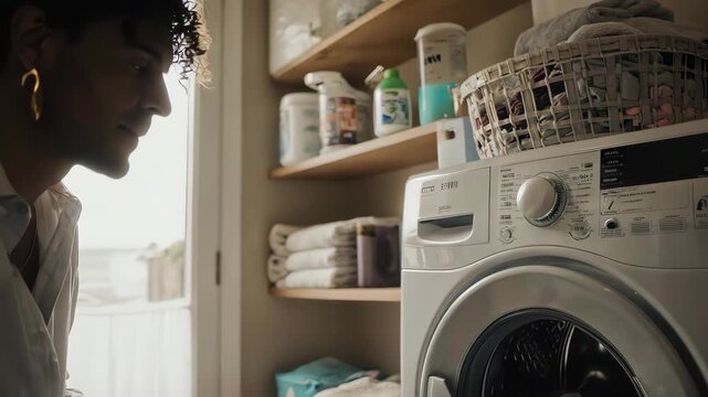 Person doing laundry at home with washing machine and supplies.