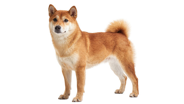 Isolated charming Shiba Inu dog, an alert purebred pet, standing with a curly tail.