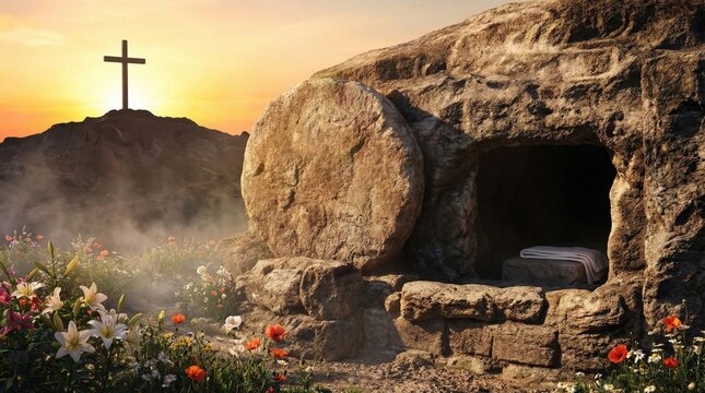 Empty tomb of Jesus Christ with rolled away stone and cross on hill at sunrise. Resurrection of Jesus, biblical event for Easter celebration. Christianity religious art background.