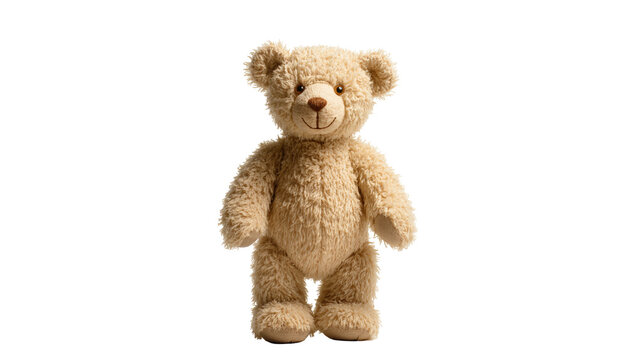 Isolated adorable fluffy light brown plush toy teddy bear standing upright with a happy smile.