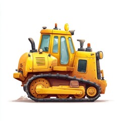 Fototapeta premium Cute yellow cartoon bulldozer with tracks and lights on a white background