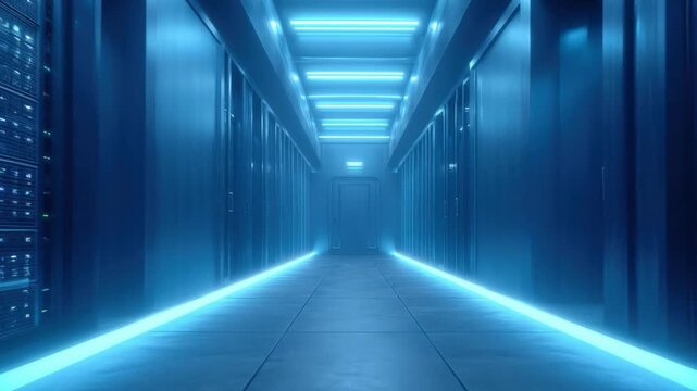 Futuristic data center server room corridor hallway with blue light technology network infrastructure cybersecurity cyber security computer modern storage secure 3d server rack corridor network