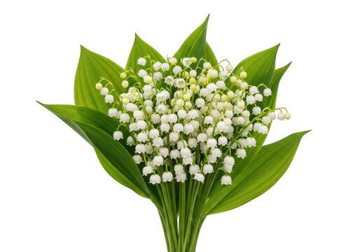 A delicate cluster of small white may flowers blooming on a green stem isolated on transparent background, png