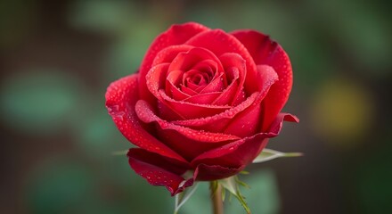 Obraz premium A close-up photograph of a single vibrant red rose with dew drops on its petals stands out in a blurred green garden environment viewed from a front angle.