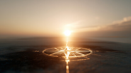 golden compass symbol engraved on textured ground at sunrise, conceptual direction and future planning with navigation star and sun, finding path and purpose in life with vintage compass design