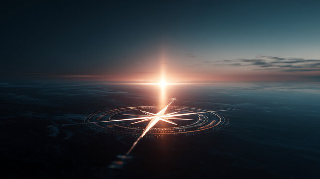 golden compass symbol engraved on textured ground at sunrise, conceptual direction and future planning with navigation star and sun, finding path and purpose in life with vintage compass design