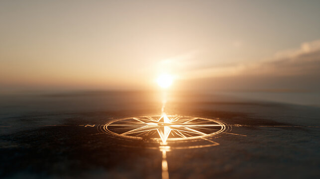 golden compass symbol engraved on textured ground at sunrise, conceptual direction and future planning with navigation star and sun, finding path and purpose in life with vintage compass design