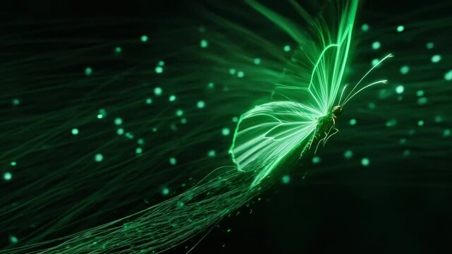 Green butterfly neon light abstract background fantasy insect glowing particle digital art light trail motion blur surreal nature futuristic design neon butterfly glowing wing digital art luminous