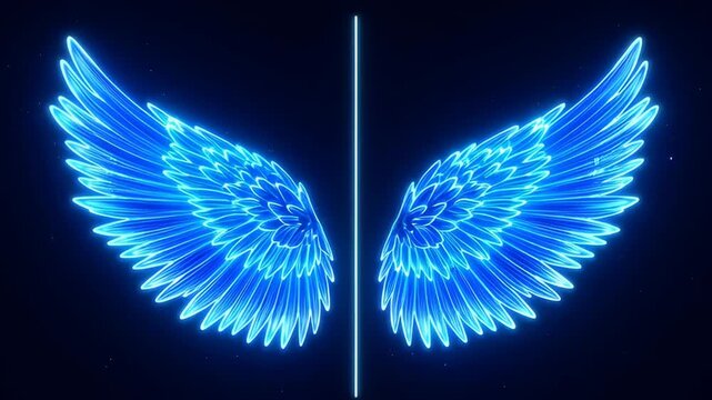 Abstract animated neon blue glowing wings with vertical light line on dark starry background. Magical angelic wings shining, symbol of freedom and flight.