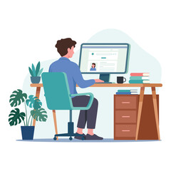 Fototapeta premium Man Working at Computer in Modern Home Office Workspace. Remote Worker Sitting at Desk Using Desktop Computer.