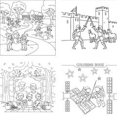 Obraz premium Diverse kids coloring pages set: winter fun, medieval knights, family reading, space adventure