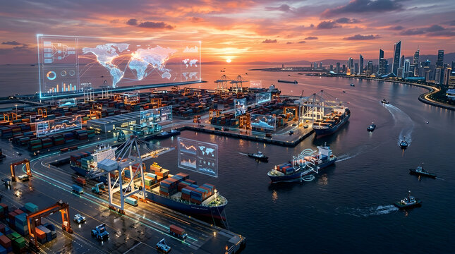 Aerial view of a bustling global shipping port and logistics hub at sunset, featuring container ships, industrial cranes, and a digital world map overlay, symbolizing international trade.