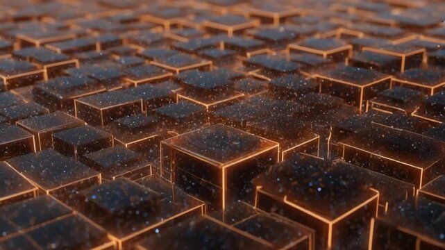 Abstract technology geometric 3D background digital pattern orange glow cube futuristic cube glowing edge sci fi scene with modern depth grid pattern and metallic surface geometric digital glow