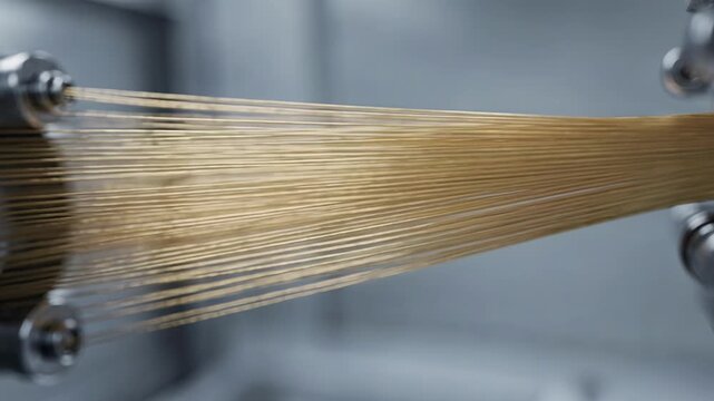 Closeup medium shot of staple aramid fibers undergoing mechanical stretching highlighting the creation of heatresistant soft and flexible materials for protective wear.