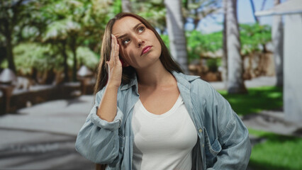 Fototapeta premium Young woman in denim shirt and white tank top with hand to temple for headache in forest setting; stress coping.