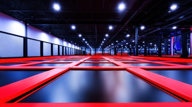 A spacious indoor trampoline park featuring an array of red trampolines and overhead lights