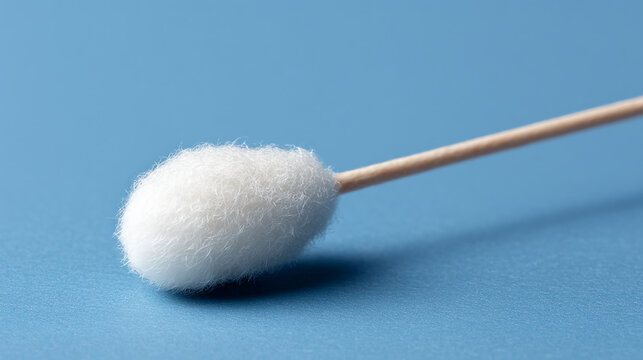 A cotton swab with a wooden stick on blue background