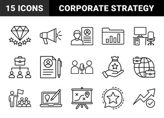 Fototapeta premium Business and career development line icon set. Vector pictograms of megaphone, profile, diamond, document, office desk, globe, interview, and growth, thin outline illustration.