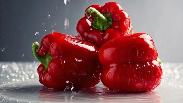 Fresh red pepper bell pepper vegetable water splash macro closeup wet droplet studio healthy food concept, vibrant fresh red bell pepper pile with wet splash water vegetable food kitchen macro